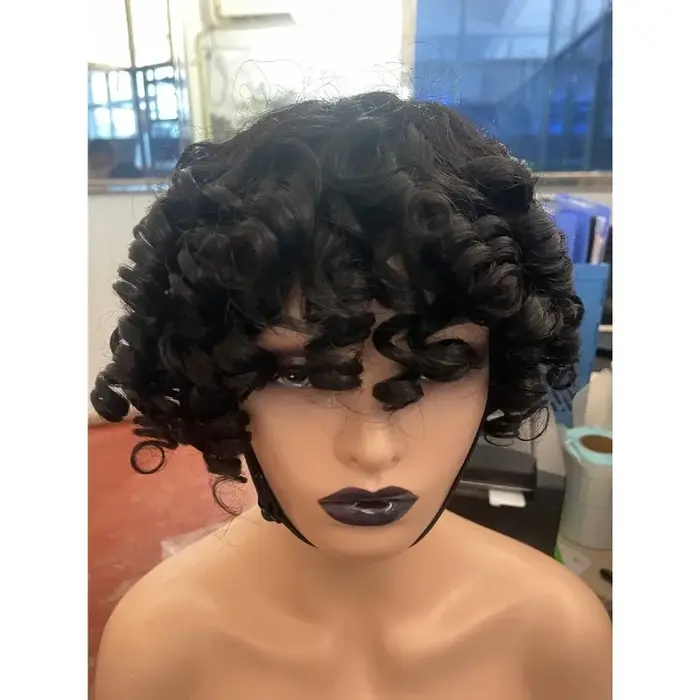 Perruque courte bouclée de cheveux humains