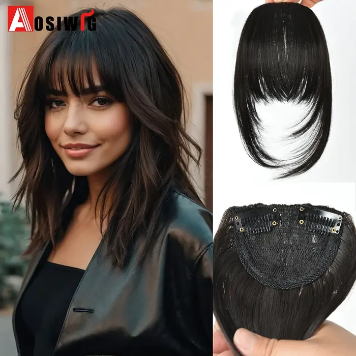 Extension Capillaire Synthétique Courte et Lisse avec Frange pour Femme, Bandeau de Sauna en Strass,