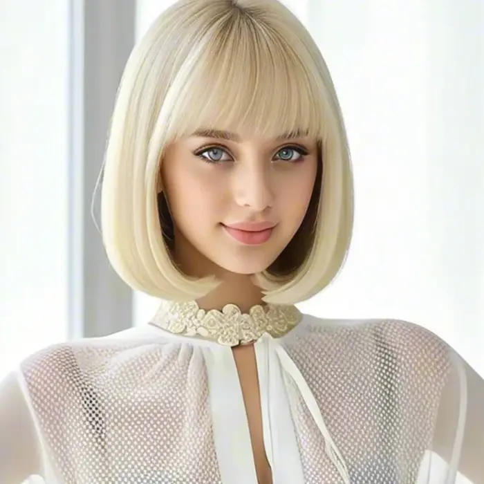 Perruque synthétique à frange blonde pour femmes