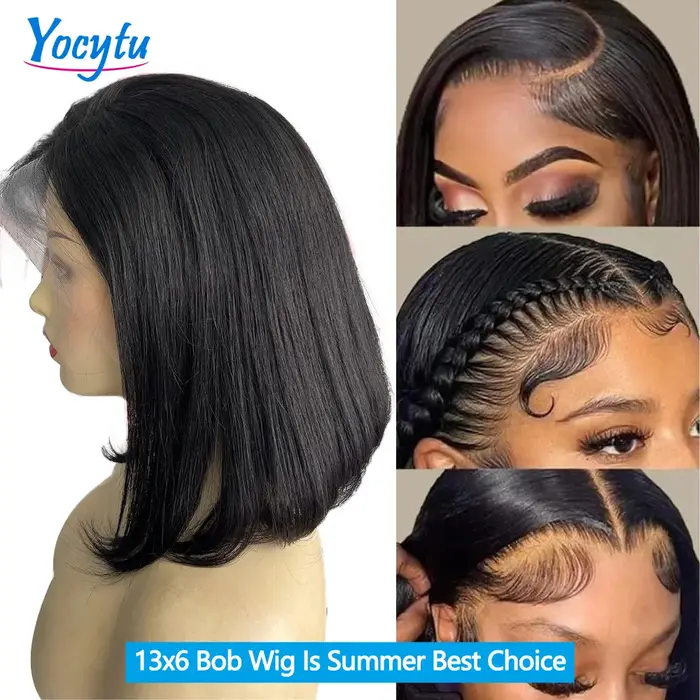 Perruque Bob Lace Front YOCYTU 13x6 en cheveux humains, 12 pouces, courte et droite, pré-épilée, ave