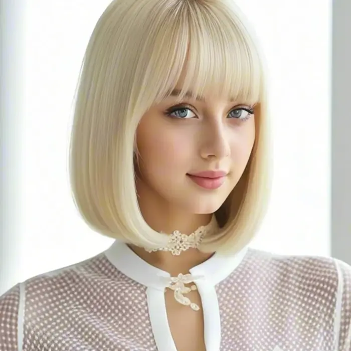 Luxueuse perruque synthétique à frange dorée de 12 pouces avec une texture élégante et volumineuse pour un usage quotidien et une occasion spéciale.