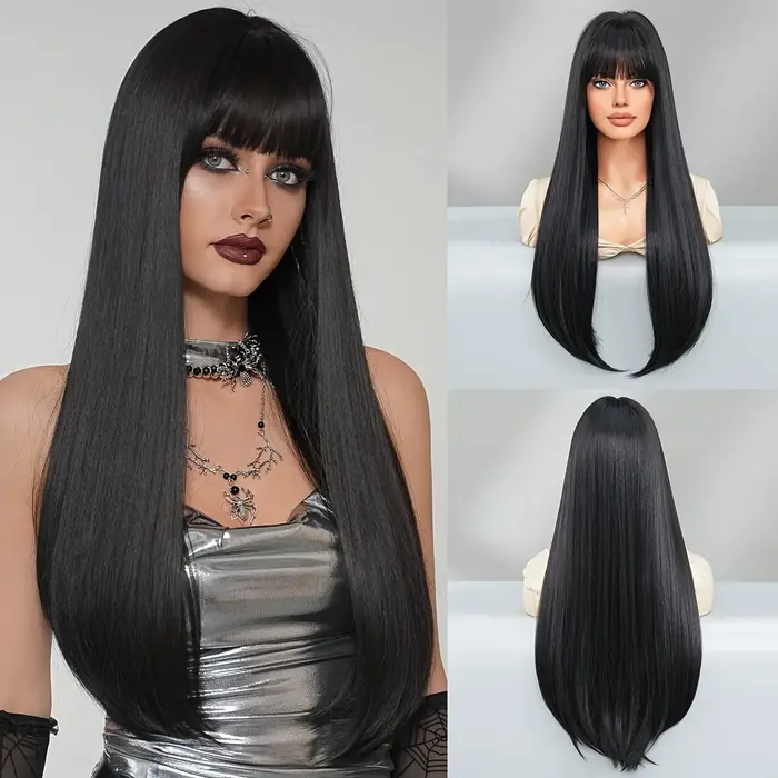 Perruque synthétique noire longue et lisse de 26 pouces avec frange – Perruque moelleuse résistante 