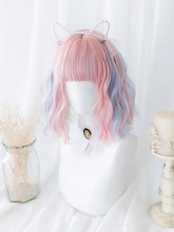 Perruques synthétiques Double couleur bleu rose de 12 pouces avec frange