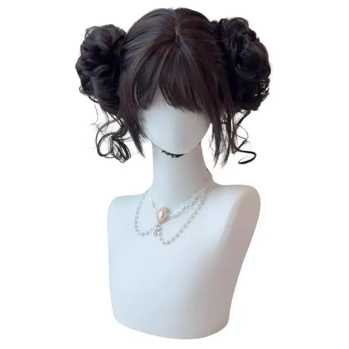 Perruque de Cosplay Double chignons mignons pour femmes et filles, perruques noires courtes de jeu d