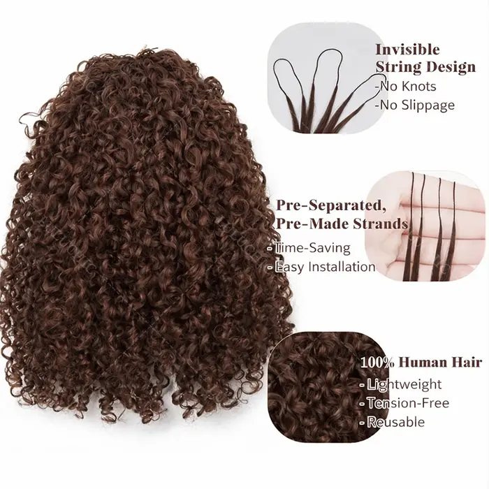 Cheveux humains bouclés crépus bruns pour crochet, invisibles, sans nœuds, pré-séparés, petites spir