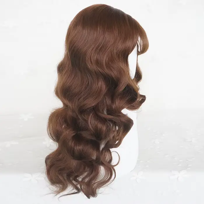 Perruque synthétique longue ondulée marron avec frange pour femmes, perruque de Cosplay Lolita moell