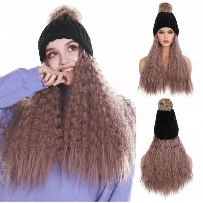 Bonnet sans visière avec extensions de cheveux longs bouclés ondulés, en tricot synthétique, avec mè