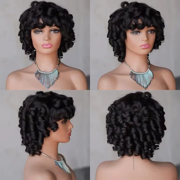 Fumi bouclés perruques de cheveux humains frange perruque coupe lutin Rose bouclés pas cher pleine M