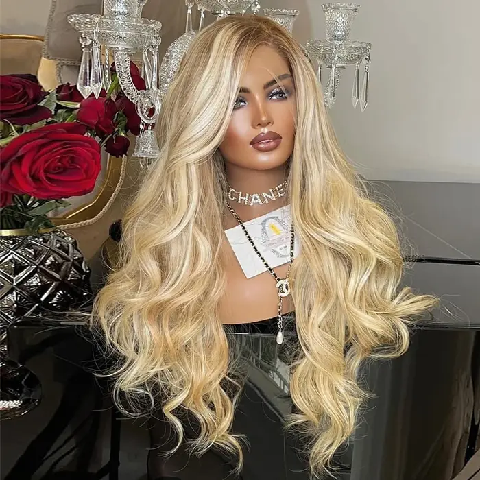Perruque Lace Front Wig synthétique ondulée Blonde dorée