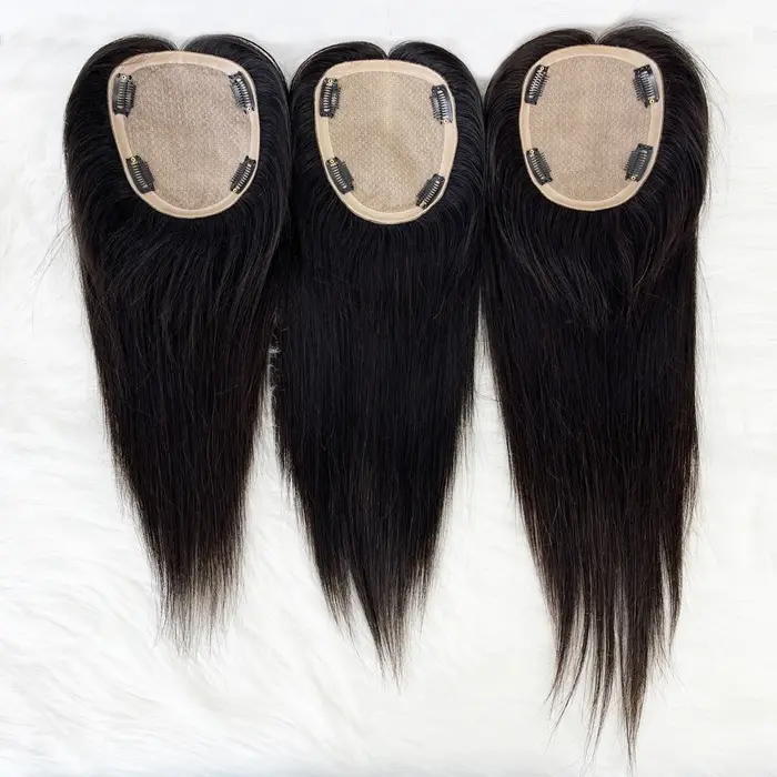 15X17 cm Base en soie femmes Topper avec 4 Clips en postiche malaisie vierge cheveux humains toupet