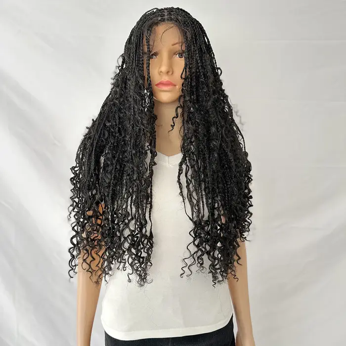Perruque synthétique tressée sans nœuds de 32 pouces, style bohème, avec extrémités bouclées, double