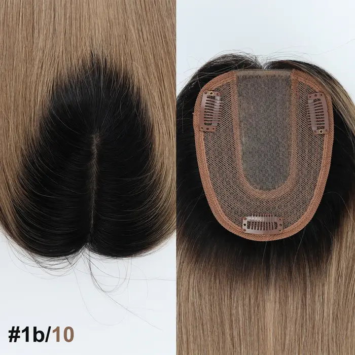 Topper de Base en soie blonde ombrée avec clips en Extensions de cheveux humains européens bicolores