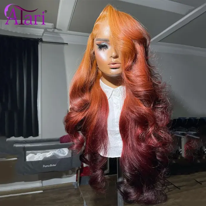 Perruque Lace Front Wig naturelle ombrée orange foncé, cheveux humains, 13x4, 5x5, 13x6, pre-plucked