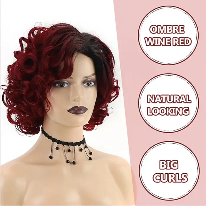 HAIRJOY cheveux synthétiques courts bordeaux bouclés perruques pour femmes Ombre vin rouge perruque