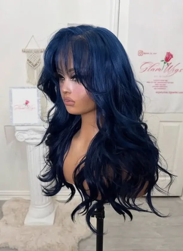 Perruque Lace Frontale Ondulée Bleu Foncé avec Frange 13x4 HD pour Femme, Synthétique de Haute Qualité pour Usage Quotidien et Cosplay
