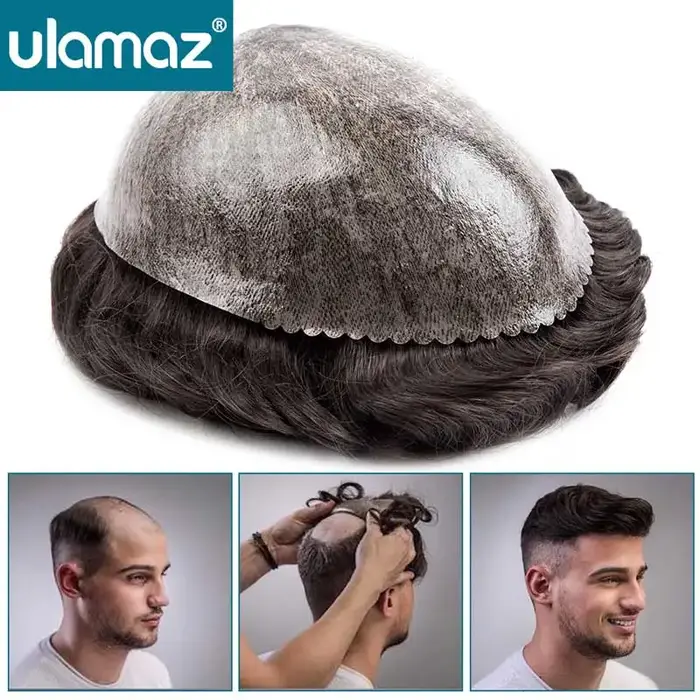 Perruque homme cheveux humains injecté toupet cheveux hommes noeud gratuit Microskin mâle cheveux pr