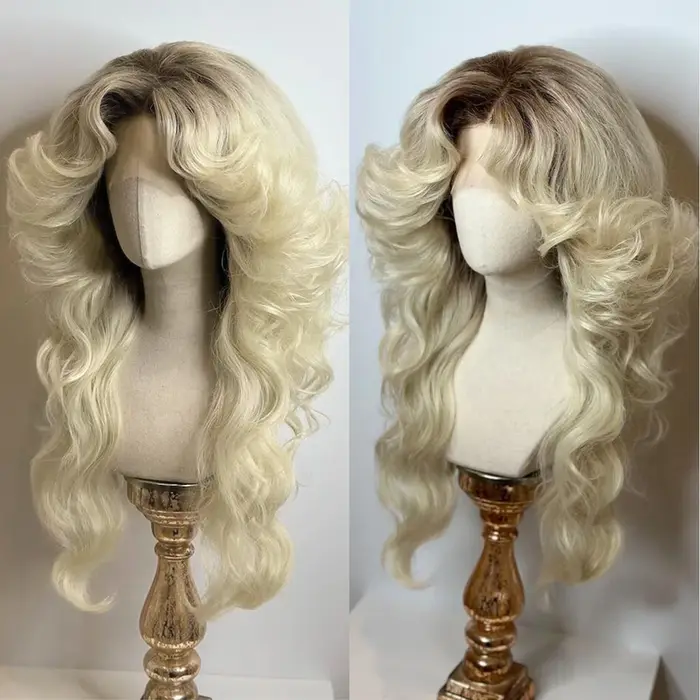 Femmes 70s HD dentelle fermeture 5*5 perruque ombre Blonde grande vague de corps Disco chanteur