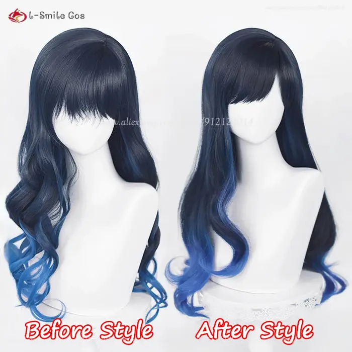 Shiraishi – perruque de Cosplay synthétique longue de 70cm, cheveux bouclés dégradés de bleu, résistants à la chaleur, perruques de fête + bonnet de perruque, haute qualité