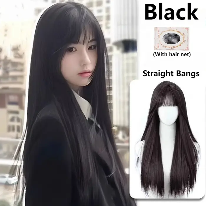 Perruque synthétique longue et lisse noire de 24 pouces avec frange pour femmes
