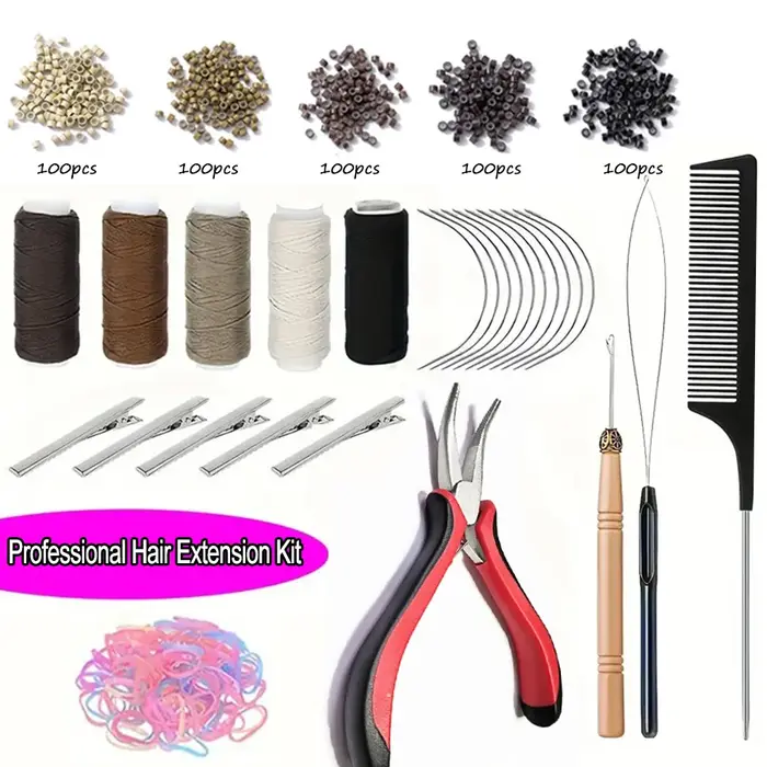 Kit d'extension de cheveux professionnel avec perles, pinces, crochet de traction, fils, aiguille-ou