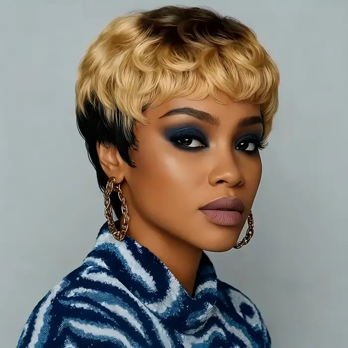 Perruque Pixie Cut en cheveux humains bouclés ondulés avec frange