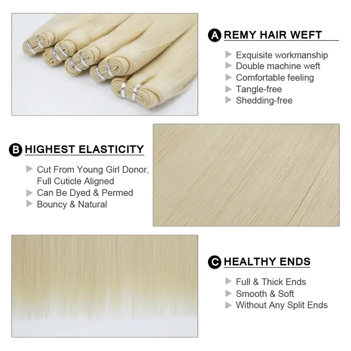 Fée Remy cheveux réel européen droit cheveux humains armure faisceaux 16-24 pouces platine blond Rem