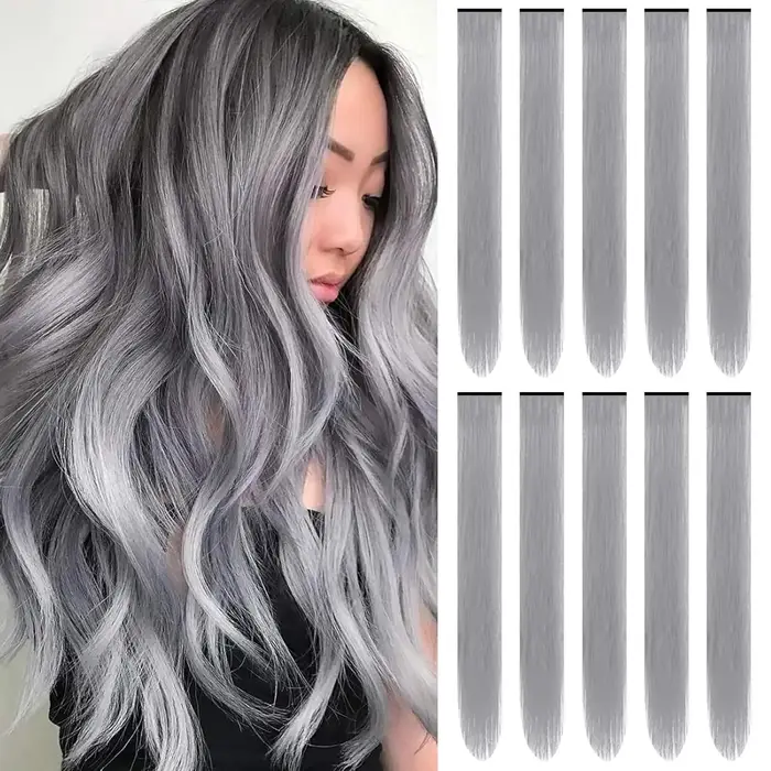 Extensions capillaires synthétiques noires longues et lisses, 10 pièces, postiches à reflets colorés