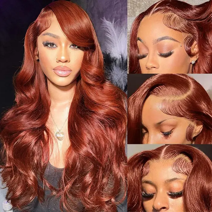 Perruque Lace Frontale 13x6 en Cheveux Humains Ondulés Rougeâtre Brun, Pré-épilée, Colorée, avec Den