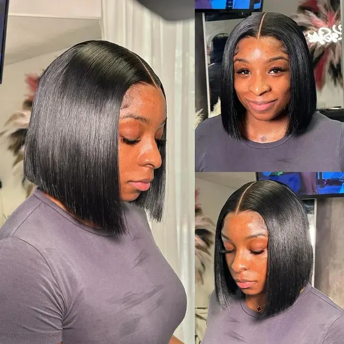 Perruques Bob à densité 220 %, lisses, en cheveux humains, avec dentelle frontale 13x4, en cheveux b