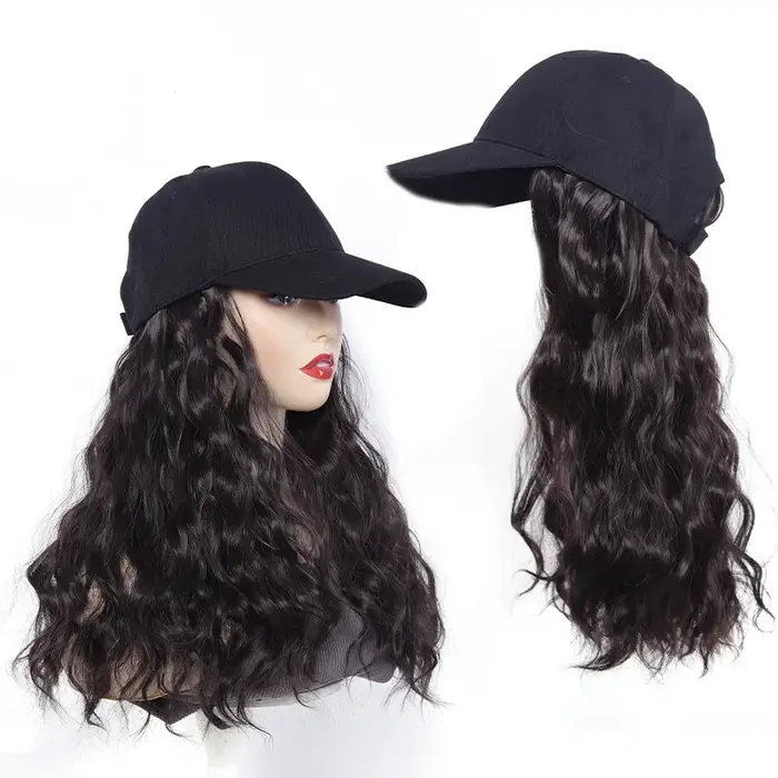 Perruque longue ondulée synthétique intégrée à une casquette de baseball, extensions de cheveux noir