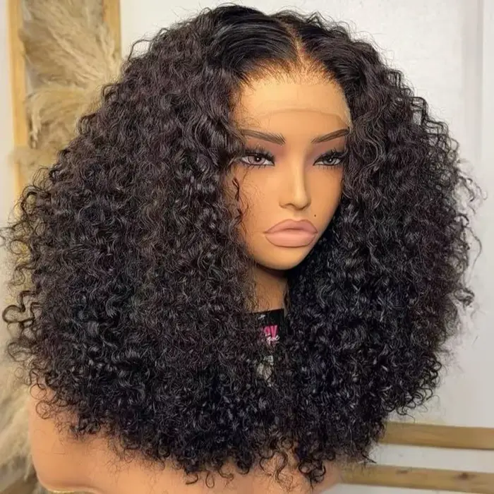 Perruque synthétique courte bouclée frisée coupe droite 13x4 HD Full Lace Frontal pour femmes, pré-é