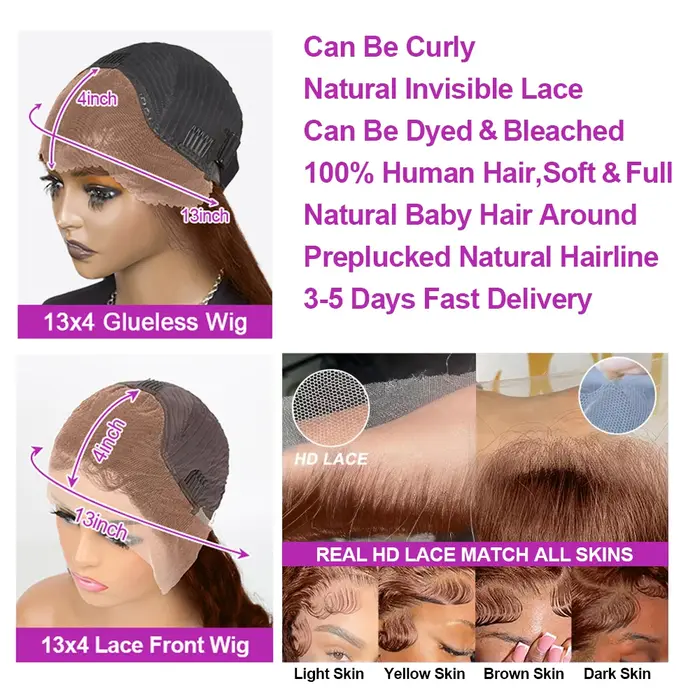 Perruque Bob courte ondulée marron chocolat, cheveux humains sans colle, 13x4 HD, Lace Frontal Wig 1