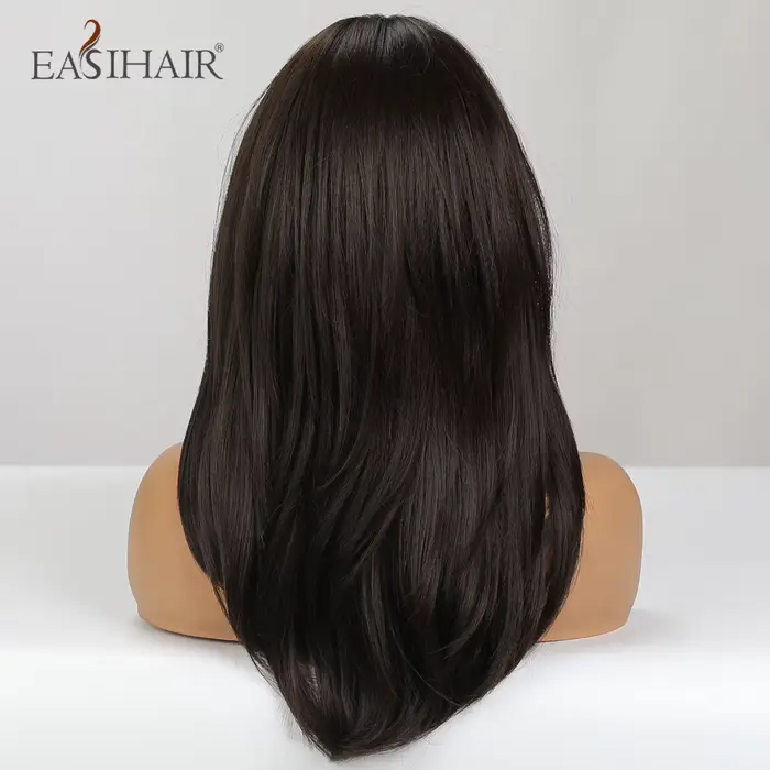 EASIHAIR – perruques synthétiques noires marron foncé avec frange, cheveux naturels mi-droits en cou