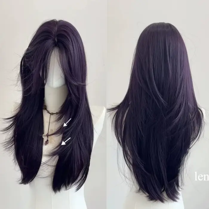 Ashely Perruque violet foncé femme 22 pouces cheveux longs rideau frange couches Nature cheveux raid