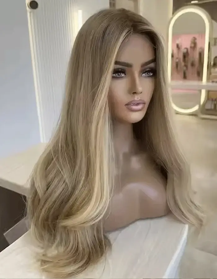 Perruque Lace Ombre Blond Cendré, Douce comme des Cheveux Humains, Perruques Longues Ondulées Pré-Pl