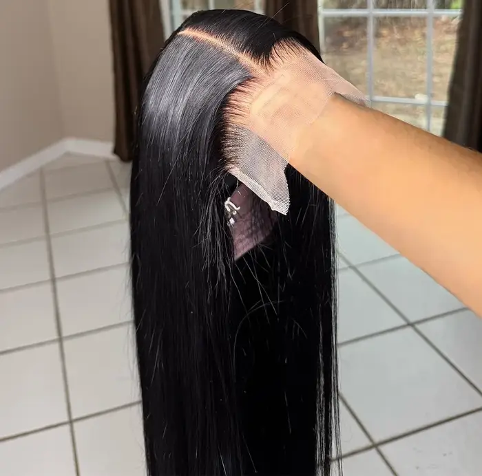 Perruque Lace Frontal Wig synthétique lisse et douce, couleur noire, 13x4 HD, nœuds décolorés, sans 