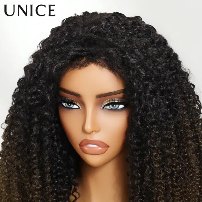 UNice cheveux châtain brun ombré crépus bouclés demi perruques avec bords 4C et cordon invisible 100