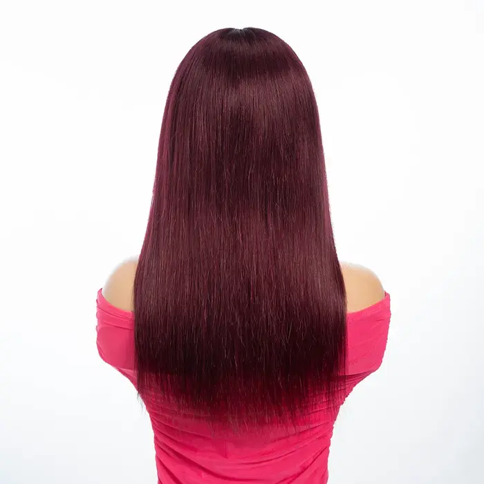 Perruque de cheveux raides rouge vin 99j avec frange longue