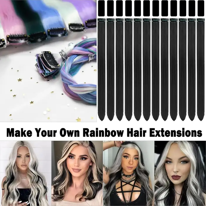 Extensions capillaires synthétiques noires longues et lisses, 12 pièces, postiches colorées à reflets de fête pour femmes, enfants et filles, Halloween