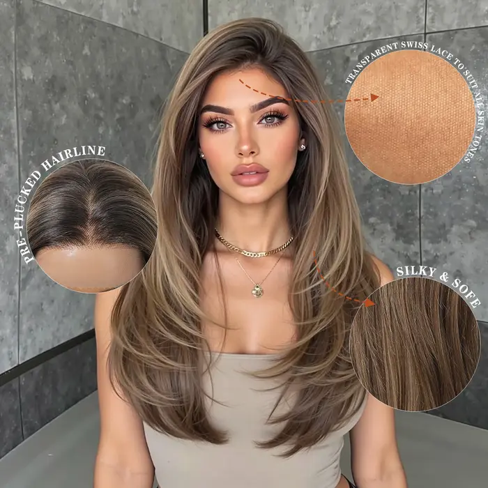 HAIRCUBE – perruque synthétique lisse mixte brune, racines foncées, naissance des cheveux naturelle,