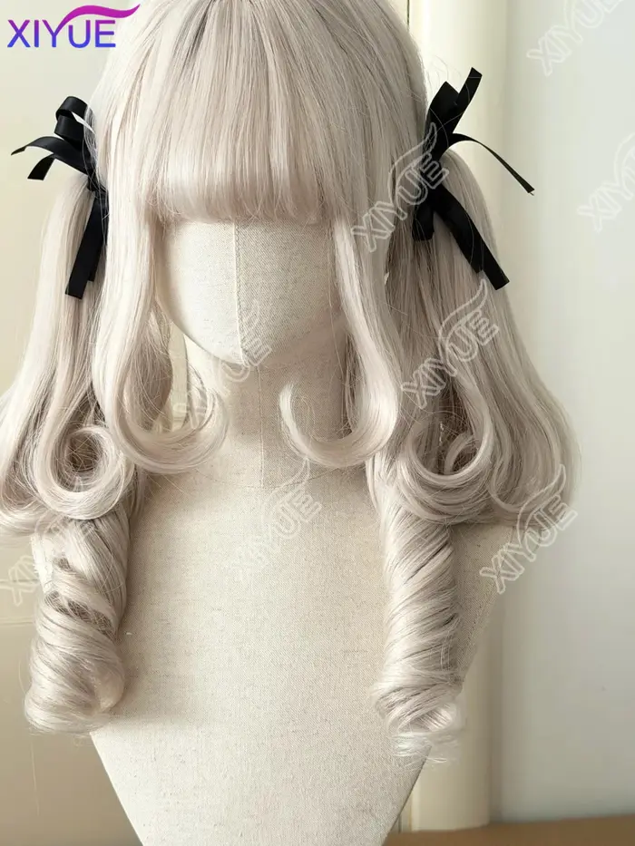 XIYUE oreilles de lapin synthétique princesse coupe Double queue de cheval Lolita perruque avec frange fille blanc gris