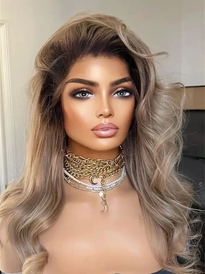 Perruque Lace Front Wig synthétique de haute qualité, perruque ombrée marron chaud blond pour femmes
