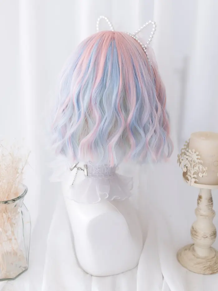 Perruques synthétiques Double couleur bleu rose de 12 pouces avec frange