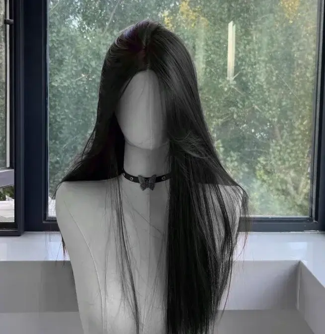 Perruque noire pour femmes, cheveux longs et lisses, bandeau, perruque Lace Front Wig, tempérament C