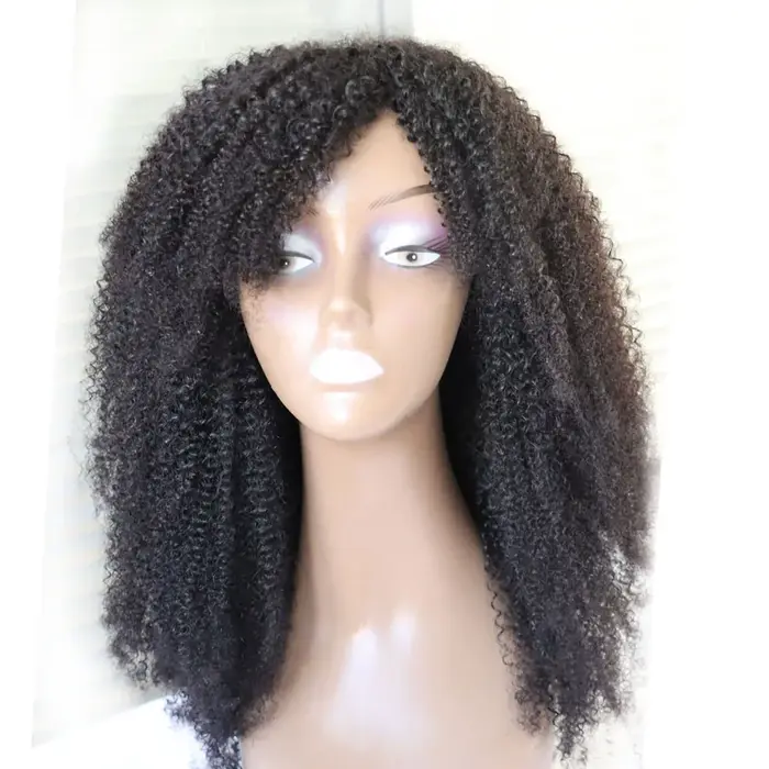 Perruque en cheveux humains vierges brésiliens bouclés afro, fabriquée à la machine, avec frange et boucles, pour femmes noires, de chez Aliexpress