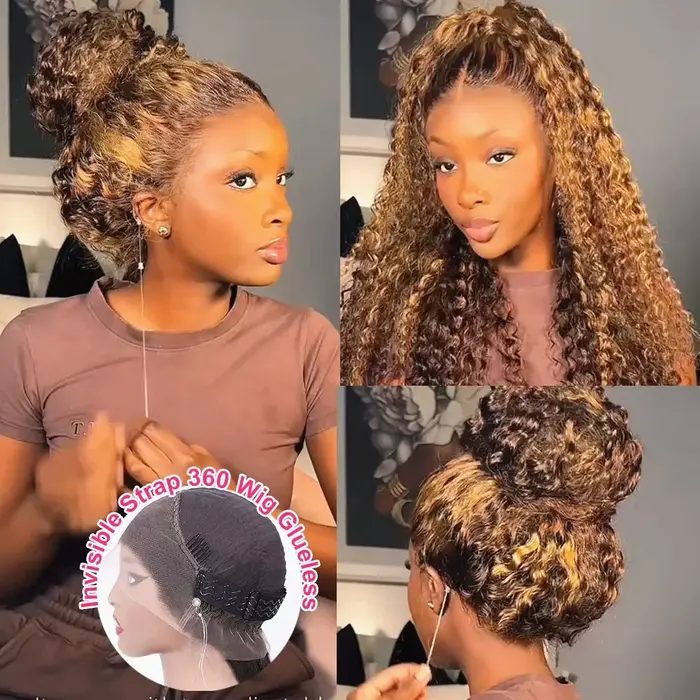 Perruque Lace Frontal Wig 360 sans colle, cheveux naturels bouclés, avec sangle Invisible, P4/27, re