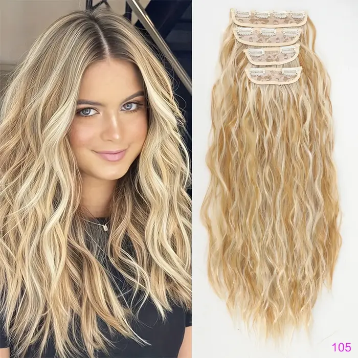 Lot de 4 extensions de cheveux à clipser, couleur brun-blond, 60,96 cm de long, avec des cheveux syn