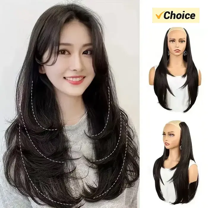 22/24 pouces synthétique en forme de V couches 4 Clips longue Extension de cheveux raides mode postiche Invisible perruque pour les femmes