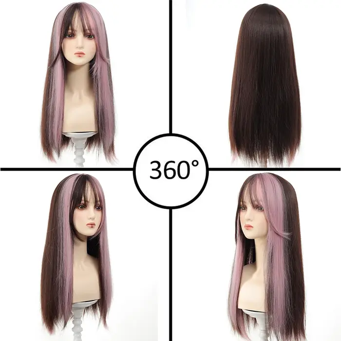 Loiita – perruque synthétique longue et lisse, 24 pouces, noir, rose, Double queue de cheval, Extens