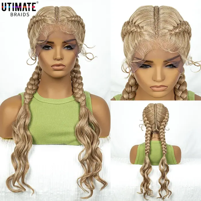Perruque Synthétique Tressée Cornrow avec Vague Bouclée pour Femme